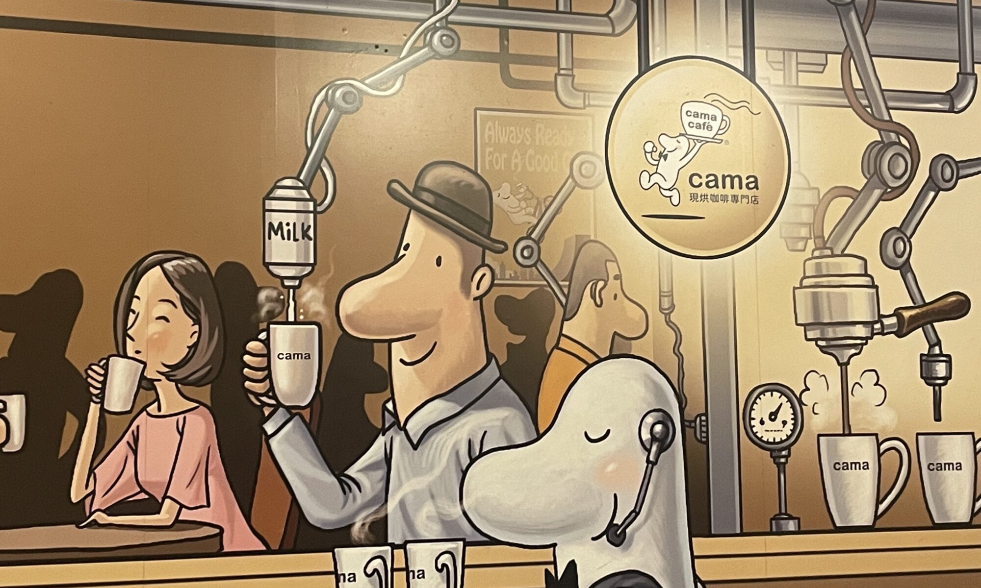 camacafeの壁のみんながコーヒーを飲んでいる絵の写真