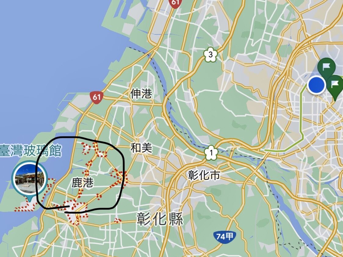 鹿港というところを◯で囲んでいる地図のスクリーンショット