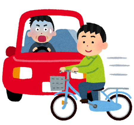 自転車に乗っている人とそれを引きそうになっている車と人のイラスト