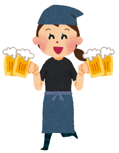 ビールを両手にもった居酒屋店員女性のイラスト