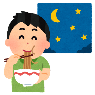 夜にラーメンをすするイラスト